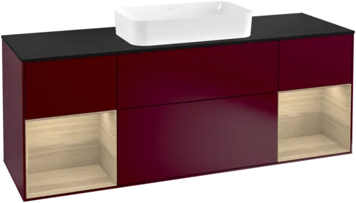 VILLEROY BOCH Toaletní skříňka Finion, s osvětlením, 4 výsuvy, 1600 x 603 x 501 mm, matný lak Peony / dubová dýha / černé matné sklo #F332PCHB