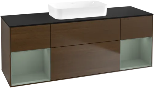 VILLEROY BOCH Toaletní skříňka Finion, s osvětlením, 4 výsuvy, 1600 x 603 x 501 mm, ořechová dýha / olivově matný lak / sklo černé matné #F742GMGN