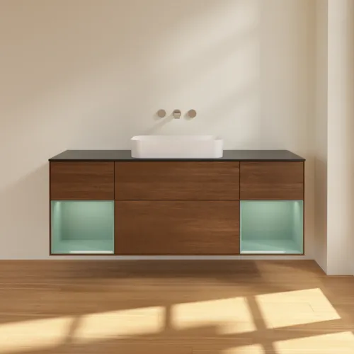 VILLEROY BOCH Toaletní skříňka Finion, s osvětlením, 4 výsuvy, 1600 x 603 x 501 mm, ořechová dýha / olivově matný lak / sklo černé matné #F742GMGN, obrázek 3