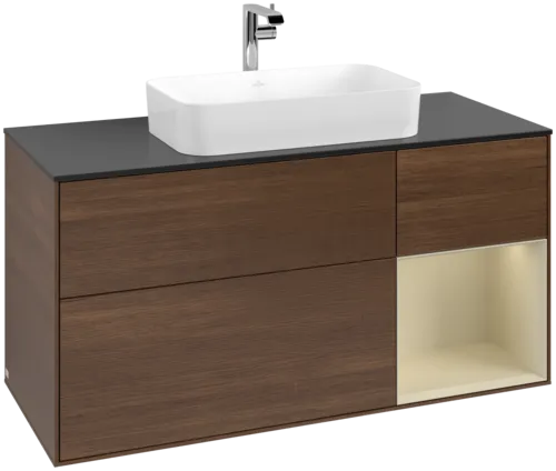VILLEROY BOCH Toaletní skříňka Finion, s osvětlením, 3 výsuvy, 1200 x 603 x 501 mm, ořechová dýha / hedvábně šedý matný lak / sklo černé matné #F302HJGN