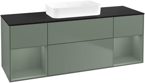VILLEROY BOCH Toaletní skříňka Finion, s osvětlením, 4 výsuvy, 1600 x 603 x 501 mm, olivově matný lak / olivově matný lak / sklo černé matné #F742GMGM