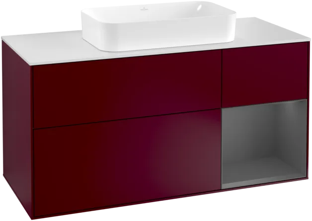 VILLEROY BOCH Toaletní skříňka Finion, s osvětlením, 3 výsuvy, 1200 x 603 x 501 mm, matný lak Pivoňka / matný lak Antracit / matné sklo Bílá #F301GKHB