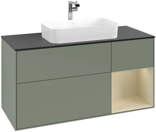 VILLEROY BOCH Toaletní skříňka Finion, s osvětlením, 3 výsuvy, 1200 x 603 x 501 mm, olivový matný lak / hedvábně šedý matný lak / černé matné sklo #F302HJGM