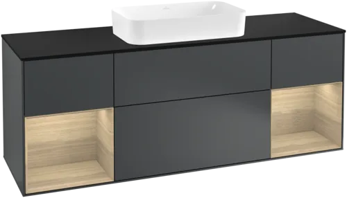 VILLEROY BOCH Toaletní skříňka Finion, s osvětlením, 4 výsuvy, 1600 x 603 x 501 mm, Midnight Blue Matt Lacquer / Dubová dýha / Sklo Black Matt #F332PCHG