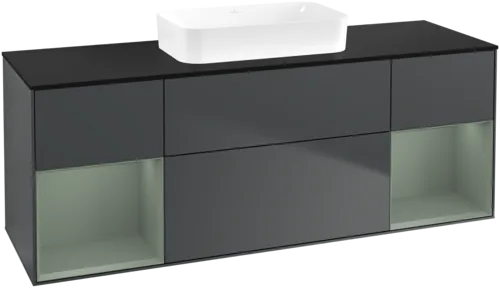 VILLEROY BOCH Toaletní skříňka Finion, s osvětlením, 4 výsuvy, 1600 x 603 x 501 mm, Midnight Blue Matt Lacquer / Olive Matt Lacquer / Glass Black Matt #F742GMHG