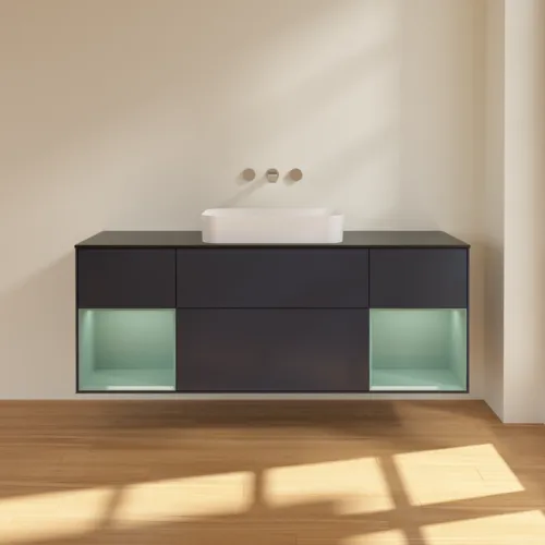 VILLEROY BOCH Toaletní skříňka Finion, s osvětlením, 4 výsuvy, 1600 x 603 x 501 mm, Midnight Blue Matt Lacquer / Olive Matt Lacquer / Glass Black Matt #F742GMHG, obrázek 3