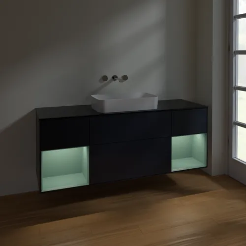 VILLEROY BOCH Toaletní skříňka Finion, s osvětlením, 4 výsuvy, 1600 x 603 x 501 mm, Midnight Blue Matt Lacquer / Olive Matt Lacquer / Glass Black Matt #F742GMHG, obrázek 5