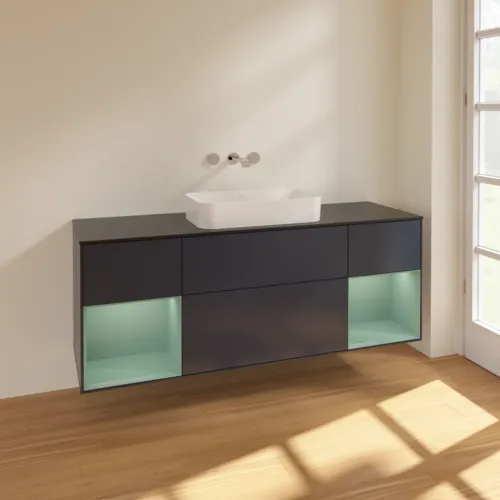 VILLEROY BOCH Toaletní skříňka Finion, s osvětlením, 4 výsuvy, 1600 x 603 x 501 mm, Midnight Blue Matt Lacquer / Olive Matt Lacquer / Glass Black Matt #F742GMHG, obrázek 2