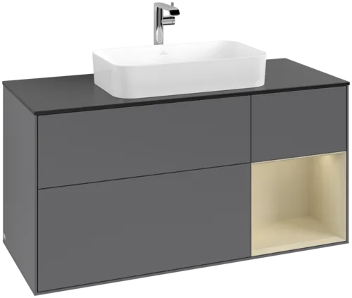 VILLEROY BOCH Toaletní skříňka Finion, s osvětlením, 3 výsuvy, 1200 x 603 x 501 mm, antracitový matný lak / hedvábně šedý matný lak / černé matné sklo #F302HJGK