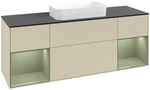 VILLEROY BOCH Toaletní skříňka Finion, s osvětlením, 4 výsuvy, 1600 x 603 x 501 mm, hedvábně šedý matný lak / olivový matný lak / černé matné sklo #F742GMHJ