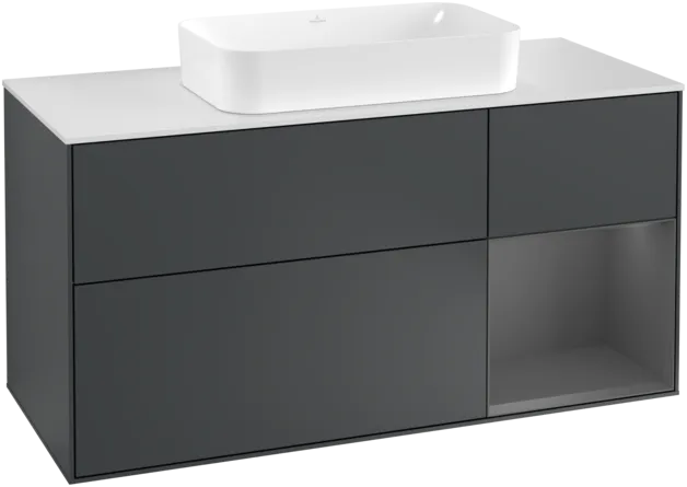 VILLEROY BOCH Toaletní skříňka Finion, s osvětlením, 3 výsuvy, 1200 x 603 x 501 mm, Midnight Blue Matt Lacquer / Anthracite Matt Lacquer / Glass White Matt #F301GKHG