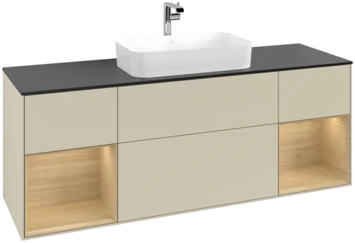 VILLEROY BOCH Toaletní skříňka Finion, s osvětlením, 4 výsuvy, 1600 x 603 x 501 mm, hedvábně šedý matný lak / dubová dýha / černé matné sklo #F332PCHJ