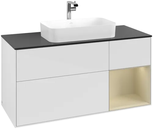 VILLEROY BOCH Toaletní skříňka Finion, s osvětlením, 3 výsuvy, 1200 x 603 x 501 mm, lesklý bílý lak / hedvábně šedý matný lak / černé matné sklo #F302HJGF