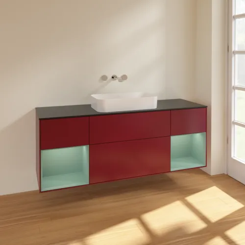 VILLEROY BOCH Toaletní skříňka Finion, s osvětlením, 4 výsuvy, 1600 x 603 x 501 mm, Pivoňka matný lak / Olivový matný lak / Sklo černé matné #F742GMHB, obrázek 2