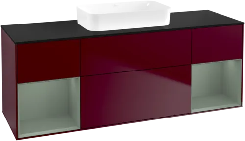 VILLEROY BOCH Toaletní skříňka Finion, s osvětlením, 4 výsuvy, 1600 x 603 x 501 mm, Pivoňka matný lak / Olivový matný lak / Sklo černé matné #F742GMHB