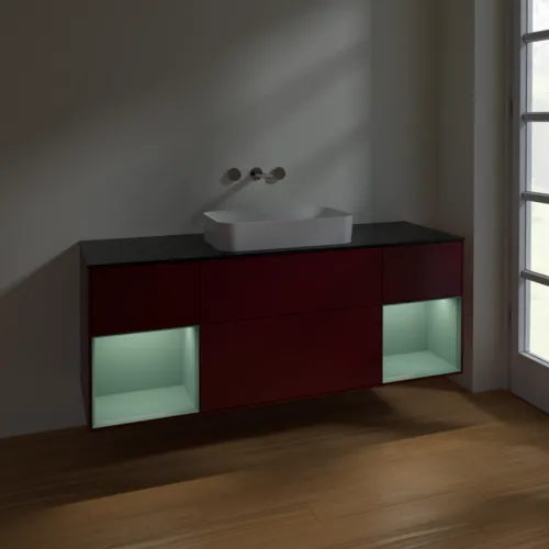VILLEROY BOCH Toaletní skříňka Finion, s osvětlením, 4 výsuvy, 1600 x 603 x 501 mm, Pivoňka matný lak / Olivový matný lak / Sklo černé matné #F742GMHB, obrázek 5