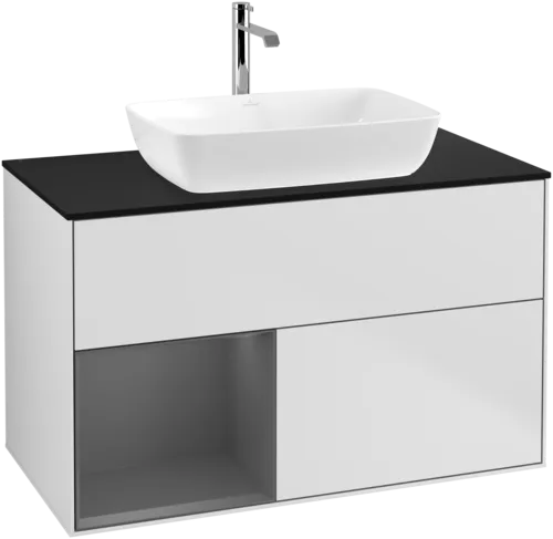 VILLEROY BOCH Toaletní skříňka Finion, s osvětlením, 2 výsuvy, 1000 x 603 x 501 mm, bílý matný lak / antracitový matný lak / černé matné sklo #F772GKMT