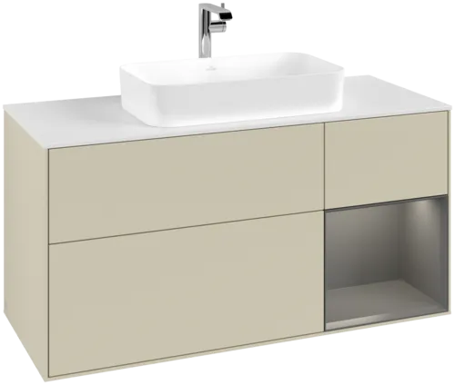 VILLEROY BOCH Toaletní skříňka Finion, s osvětlením, 3 výsuvy, 1200 x 603 x 501 mm, hedvábně šedý matný lak / antracitový matný lak / bílé matné sklo #F301GKHJ
