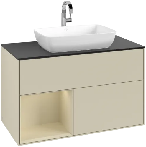 VILLEROY BOCH Toaletní skříňka Finion, s osvětlením, 2 výsuvy, 1000 x 603 x 501 mm, Silk Grey Matt Lacquer / Silk Grey Matt Lacquer / Glass Black Matt #F772HJHJ