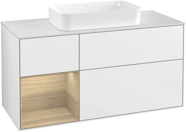 VILLEROY BOCH Toaletní skříňka Finion, s osvětlením, 3 výsuvy, 1200 x 603 x 501 mm, lesklý bílý lak / dubová dýha / sklo bílé matné #F291PCGF