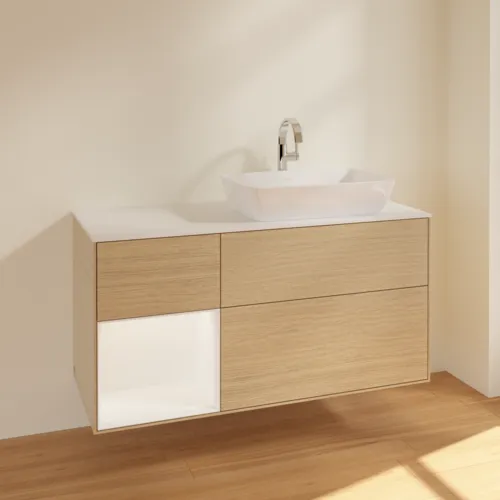 VILLEROY BOCH Toaletní skříňka Finion, s osvětlením, 3 výsuvy, 1200 x 603 x 501 mm, dubová dýha / bílý matný lak / bílé matné sklo #F801MTPC, obrázek 2