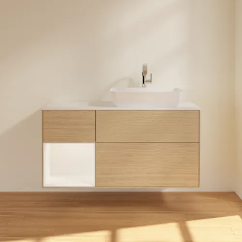 VILLEROY BOCH Toaletní skříňka Finion, s osvětlením, 3 výsuvy, 1200 x 603 x 501 mm, dubová dýha / bílý matný lak / bílé matné sklo #F801MTPC, obrázek 3