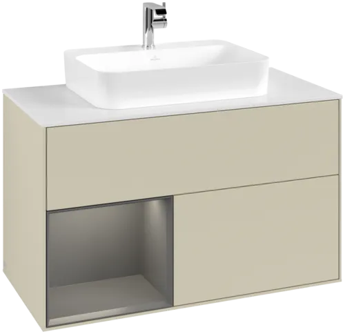VILLEROY BOCH Toaletní skříňka Finion, s osvětlením, 2 výsuvy, 1000 x 603 x 501 mm, hedvábně šedý matný lak / antracitový matný lak / bílé matné sklo #F361GKHJ