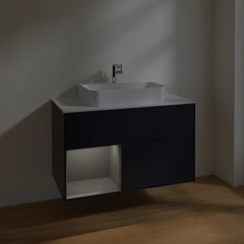 VILLEROY BOCH Toaletní skříňka Finion, s osvětlením, 2 výsuvy, 1000 x 603 x 501 mm, Midnight Blue Matt Lacquer / Anthracite Matt Lacquer / Glass White Matt #F361GKHG, obrázek 5