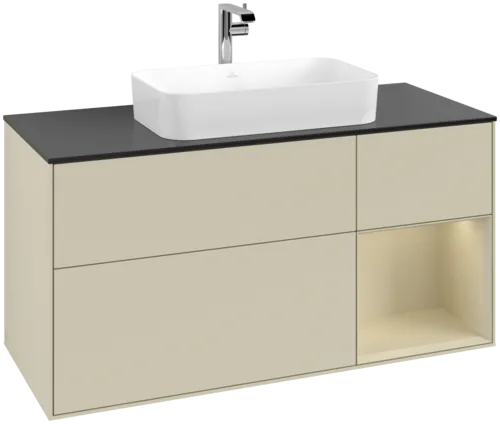 VILLEROY BOCH Toaletní skříňka Finion, s osvětlením, 3 výsuvy, 1200 x 603 x 501 mm, Silk Grey Matt Lacquer / Silk Grey Matt Lacquer / Glass Black Matt #F302HJHJ
