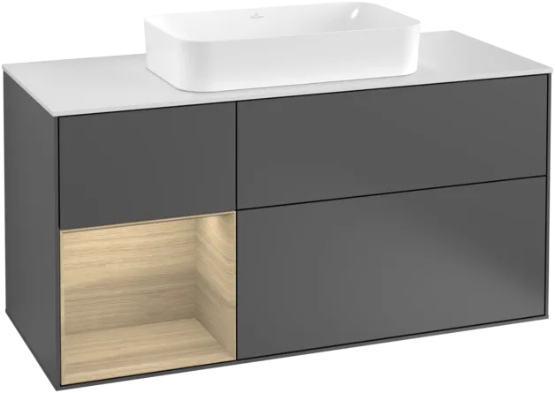 VILLEROY BOCH Toaletní skříňka Finion, s osvětlením, 3 výsuvy, 1200 x 603 x 501 mm, antracit matný lak / dubová dýha / sklo bílé matné #F291PCGK