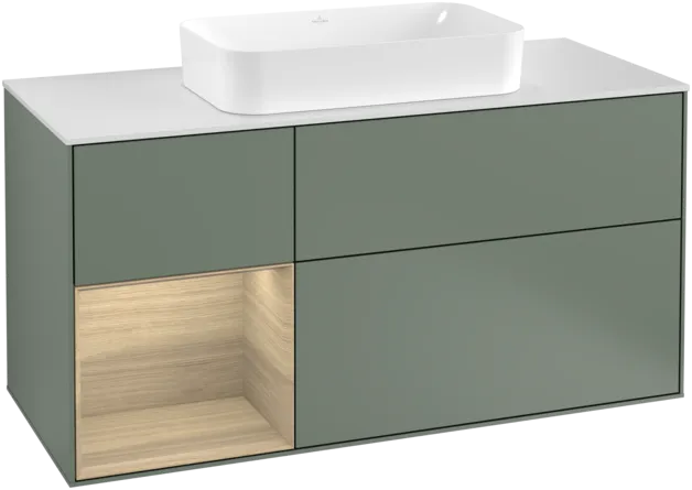VILLEROY BOCH Toaletní skříňka Finion, s osvětlením, 3 výsuvy, 1200 x 603 x 501 mm, olivový matný lak / dubová dýha / sklo bílé matné #F291PCGM