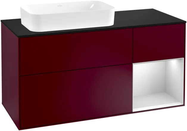 VILLEROY BOCH Toaletní skříňka Finion, s osvětlením, 3 výsuvy, 1200 x 603 x 501 mm, matný lak Peony / bílý matný lak / černé matné sklo #F282MTHB