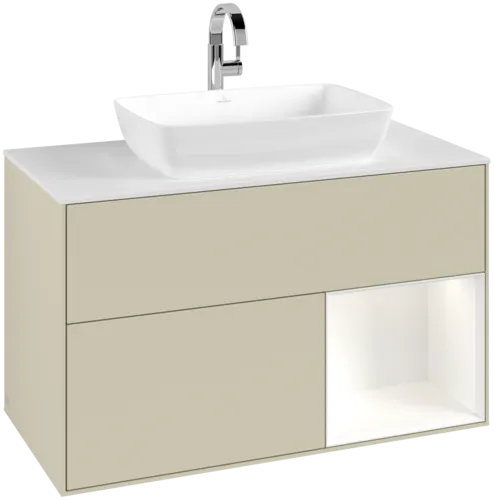 VILLEROY BOCH Toaletní skříňka Finion, s osvětlením, 2 výsuvy, 1000 x 603 x 501 mm, Silk Grey Matt Lacquer / White Matt Lacquer / Glass White Matt #F781MTHJ