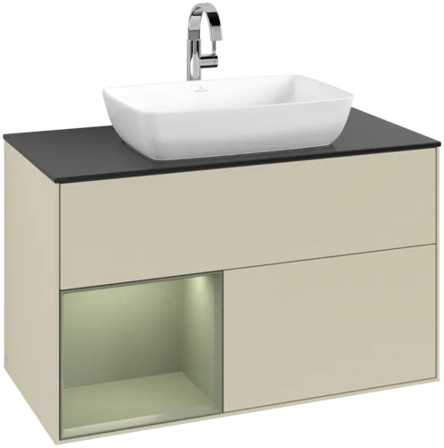 VILLEROY BOCH Toaletní skříňka Finion, s osvětlením, 2 výsuvy, 1000 x 603 x 501 mm, hedvábně šedý matný lak / olivový matný lak / černé matné sklo #F772GMHJ