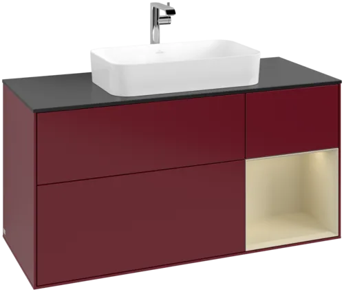 VILLEROY BOCH Toaletní skříňka Finion, s osvětlením, 3 výsuvy, 1200 x 603 x 501 mm, Peony Matt Lacquer / Silk Grey Matt Lacquer / Glass Black Matt #F302HJHB