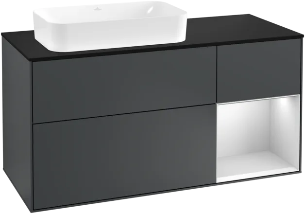 VILLEROY BOCH Toaletní skříňka Finion, s osvětlením, 3 výsuvy, 1200 x 603 x 501 mm, Midnight Blue Matt Lacquer / White Matt Lacquer / Glass Black Matt #F282MTHG