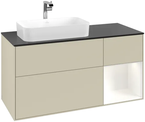 VILLEROY BOCH Toaletní skříňka Finion, s osvětlením, 3 výsuvy, 1200 x 603 x 501 mm, Silk Grey Matt Lacquer / White Matt Lacquer / Glass Black Matt #F282MTHJ