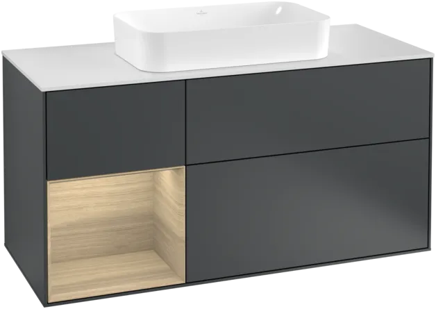 VILLEROY BOCH Toaletní skříňka Finion, s osvětlením, 3 výsuvy, 1200 x 603 x 501 mm, matný lak Midnight Blue / dubová dýha / matné bílé sklo #F291PCHG