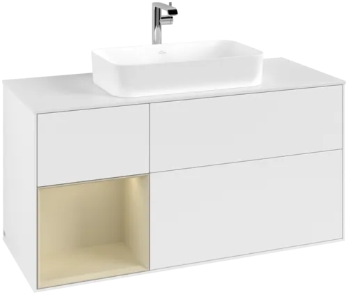 VILLEROY BOCH Toaletní skříňka Finion, s osvětlením, 3 výsuvy, 1200 x 603 x 501 mm, bílý matný lak / hedvábně šedý matný lak / bílé matné sklo #F291HJMT