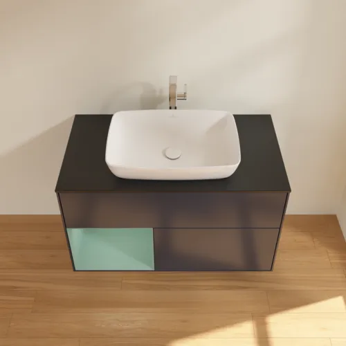 VILLEROY BOCH Toaletní skříňka Finion, s osvětlením, 2 výsuvy, 1000 x 603 x 501 mm, Midnight Blue Matt Lacquer / Olive Matt Lacquer / Glass Black Matt #F772GMHG, obrázek 4