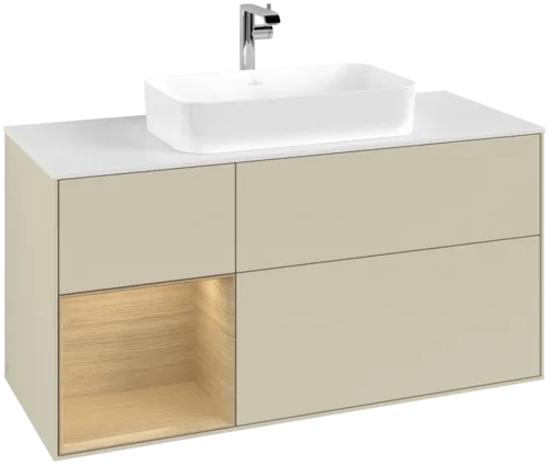 VILLEROY BOCH Toaletní skříňka Finion, s osvětlením, 3 výsuvy, 1200 x 603 x 501 mm, hedvábně šedý matný lak / dubová dýha / bílé matné sklo #F291PCHJ