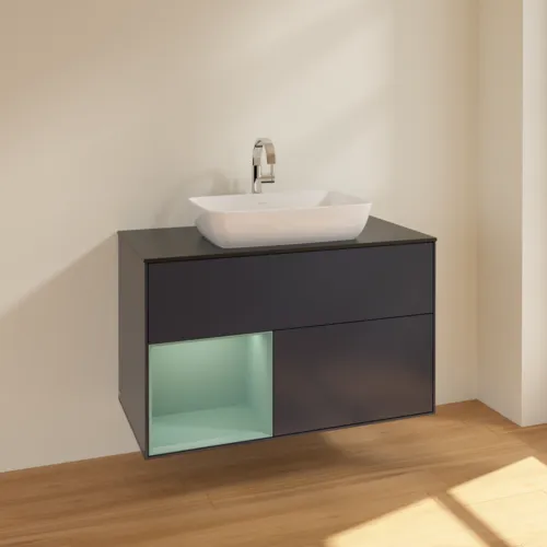 VILLEROY BOCH Toaletní skříňka Finion, s osvětlením, 2 výsuvy, 1000 x 603 x 501 mm, Midnight Blue Matt Lacquer / Olive Matt Lacquer / Glass Black Matt #F772GMHG, obrázek 2
