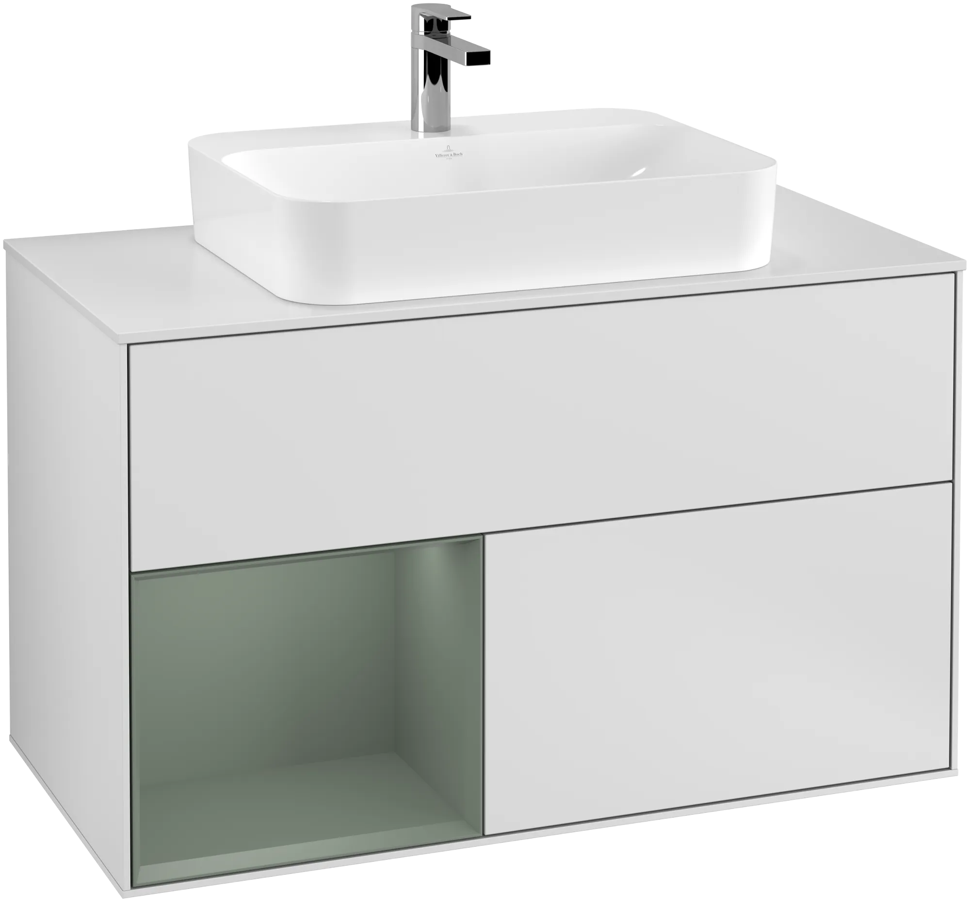 VILLEROY BOCH Toaletní skříňka Finion, s osvětlením, 2 výsuvy, 1000 x 603 x 501 mm, bílý matný lak / olivový matný lak / bílé matné sklo #F361GMMT