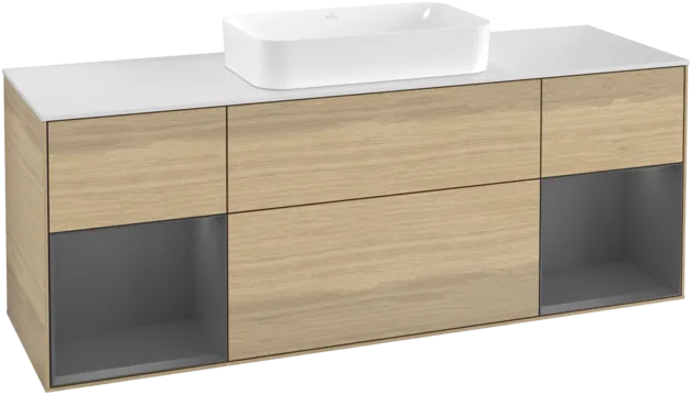 VILLEROY BOCH Toaletní skříňka Finion, s osvětlením, 4 výsuvy, 1600 x 603 x 501 mm, dubová dýha / antracitový matný lak / bílé matné sklo #F331GKPC