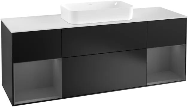 VILLEROY BOCH Toaletní skříňka Finion, s osvětlením, 4 výsuvy, 1600 x 603 x 501 mm, černý matný lak / antracitový matný lak / bílé matné sklo #F331GKPD