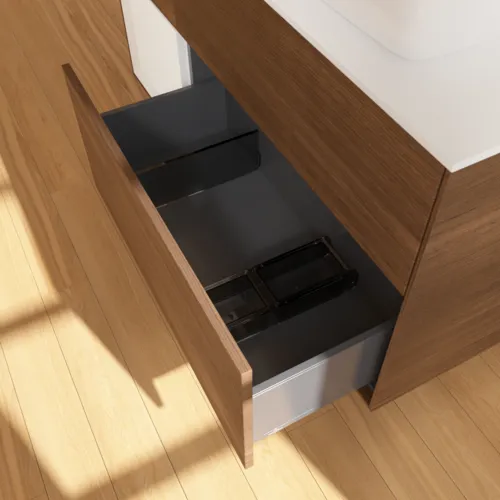 VILLEROY BOCH Toaletní skříňka Finion, s osvětlením, 3 výsuvy, 1200 x 603 x 501 mm, ořechová dýha / lesklý bílý lak / sklo bílé matné #F801GFGN, obrázek 5