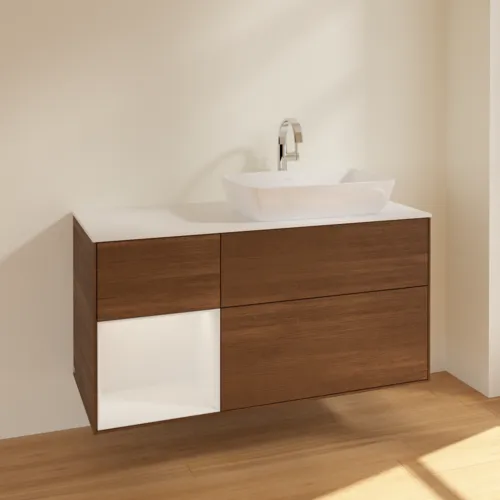 VILLEROY BOCH Toaletní skříňka Finion, s osvětlením, 3 výsuvy, 1200 x 603 x 501 mm, ořechová dýha / lesklý bílý lak / sklo bílé matné #F801GFGN, obrázek 2