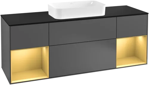 VILLEROY BOCH Toaletní skříňka Finion, s osvětlením, 4 výsuvy, 1600 x 603 x 501 mm, antracit matný lak / zlatý matný lak / černé matné sklo #F332HFGK