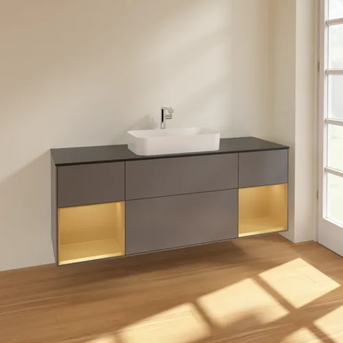 VILLEROY BOCH Toaletní skříňka Finion, s osvětlením, 4 výsuvy, 1600 x 603 x 501 mm, antracit matný lak / zlatý matný lak / černé matné sklo #F332HFGK, obrázek 2