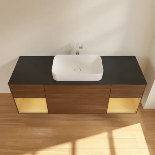 VILLEROY BOCH Toaletní skříňka Finion, s osvětlením, 4 výsuvy, 1600 x 603 x 501 mm, ořechová dýha / zlatý matný lak / sklo černé matné #F332HFGN, obrázek 4